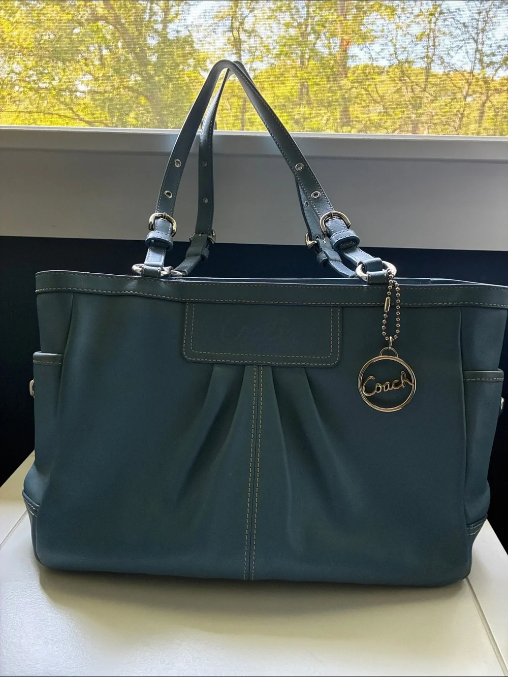Coach Blue Leather Tote with Silver Coach Charm